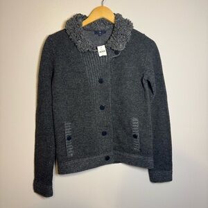 Gap S 100% Wool Cardigan Sweater Dk Gray Boucle Collar Long Sl Pockets NWT